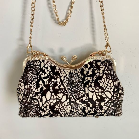 Handmade Real hair-on-horsehide Black Lace Print Kisslock Clutch/Crossbody - Picture 11 of 16